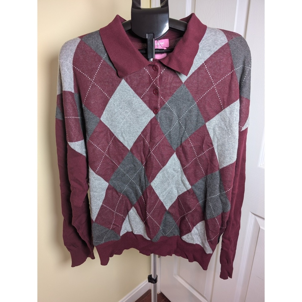 Edikted Argyle Sweater Women Large Burgundy Gray Long Sleeve Collared Polo Knit